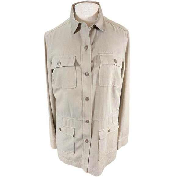 Pendleton Blouse Shacket Womens Medium Silk Blend Tan Brown Utility Safari - Picture 1 of 11